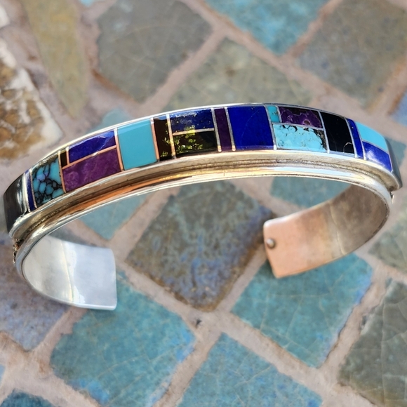 Sterling Silver Genuine Multi Gemstone Inlay Cuff BRACELET